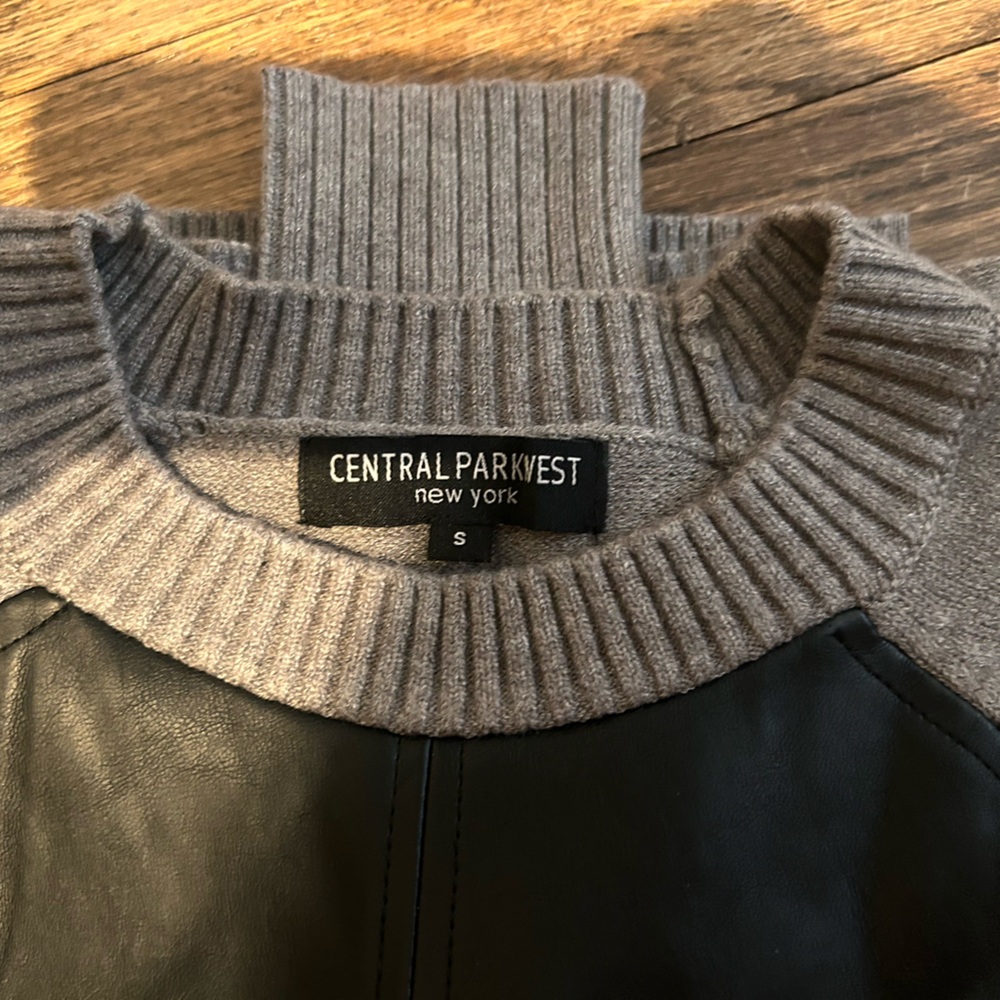 Central Park West Gray and Black Crewneck Sweater with Leather Panel - Picture 3 of 3